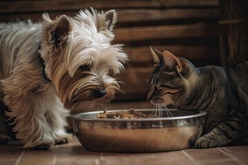 animal chewing a foot. Dog and cat eat from the same bowl. Generative AI