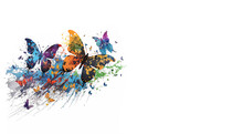 Butterflies On A White Background Butterflies In Paints. Banner. Place For Text. Created By AI