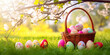 © Aquir - Spring easter decoration. Colorful eggs in a basket in spring sunny blooming cherry orchard. generative ai. Beautiful natural easter banner with copy space