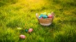 Easter eggs in basket in grass. Colorful decorated easter eggs in wicker basket. Traditional egg hunt for spring holidays. Morning magical light. 
