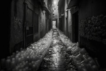 Poster - black alley littered with scattered empty plastic bottles overflowing garbage, created with generative ai