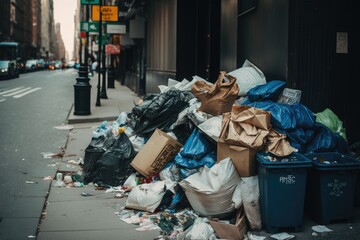 Wall Mural - piles of trash and litter in city streets overflowing garbage, created with generative ai