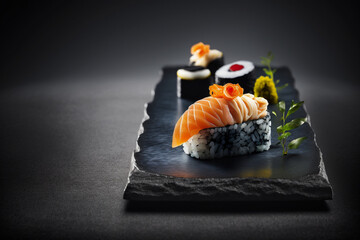 Sushi Serenity: An illustration of delicious sushi presented on a black stone, with its vibrant colors and delicate flavors enticing the senses. Ai generated.