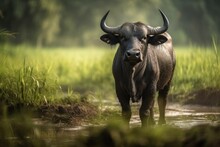 Standing In A Rice Field Is A Thai Buffalo. Generative AI