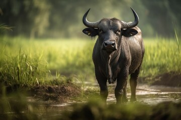 Wall Mural - Standing in a rice field is a Thai buffalo. Generative AI