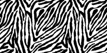 Seamless Zebra Skin Or Tiger Fur Stripe Pattern. Tileable Monochrome Bold Black And White African Safari Wildlife Background Texture. Abstract Trendy Boho Chic Fashion Animal Print Camouflage Motif.