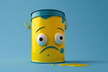 Canvas Print - bright yellow paint can character standing on blue background, created with generative ai