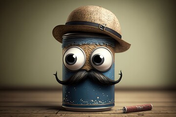 Canvas Print - funny big-eyed paint can character with mustache and cap, created with generative ai