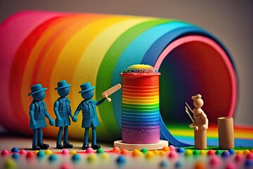 Canvas Print - beautiful toy people with paint cans on background of colorful rainbow, created with generative ai