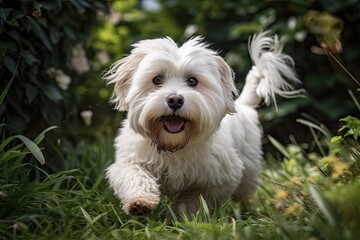 Wall Mural - Long haired white puppy playing in a garden. Breed of adult Coton de Tulear. Generative AI