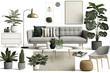 Scandinavian style interior design elements on white background living room moodboard.