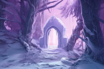 Canvas Print - Portal arch in a grand snowy wood illuminated by purple light in the evening. Hidden entrance in a magical night woodland. Beautiful winter landscape paintings. Generative AI