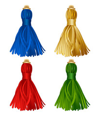a set of red, green, gold, blue silk tassels for pillows, weapons and other decor with decorative go