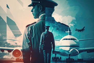 Canvas Print - pilot uniform at airport with luggage, travel concept double exposure plane flights, created with generative ai