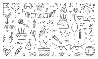 set of party doodle. sketch of birthday decoration, gift box, cake, party hats in sketch style. hand