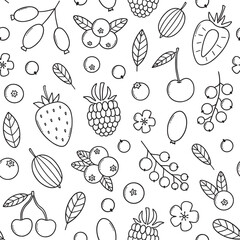 Seamless pattern of Berries doodle. Strawberries, raspberries, gooseberry, blueberries, cherry, blackberries in sketch style.  Vector illustration