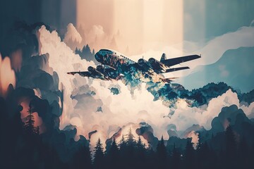 Canvas Print - flying over clouds aircraft plane flights double exposure, created with generative ai