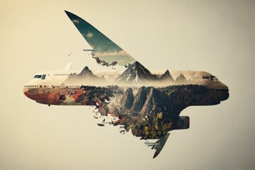 Canvas Print - blank space for text about travel and tourism double exposure of flying plane, created with generative ai