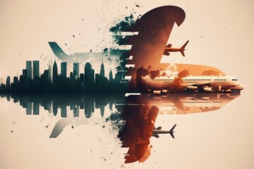 Canvas Print - planes and air flights over city transport double exposure, created with generative ai