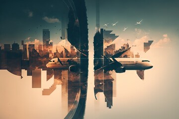 Canvas Print - planes and air flights over city transport double exposure, created with generative ai