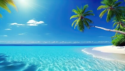 Azure tropical coast beach background with palm trees, blue summer cloud sky landscape of beautiful sea shore beach