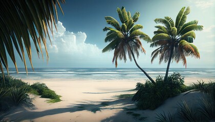 Tropical background with sea and palm trees. Summer sea background, blue ocean, sandy beach, light blue sky. ai generative