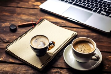 Sticker - On a rustic table, a coffee mug with the Chat web icon, a laptop, a notepad, and a pen. Generative AI