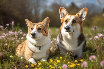 Sticker - A corgi dog and a tabby cat, two adorable fluffy companions, are sitting together in a bright spring meadow. Generative AI