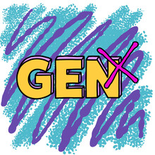 Gen X, 80's Cartoon Retro Logo With Teal And Purple Spray Paint Background