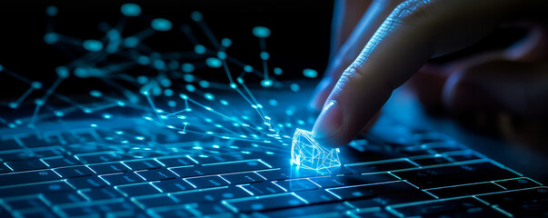 Finger interacting with a background of a keyboard and laptop and a digital blue web of connections. Concept of digital transformation for the next technological era - Generative AI