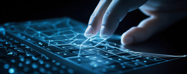 Finger interacting with a background of a keyboard and laptop and a digital blue web of connections. Concept of digital transformation for the next technological era - Generative AI