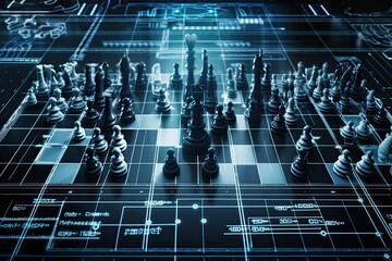 Concept of Innovation planning and planning idea chess competition with futuristic graphic icon, white chess board, and black color tone over a background of financial stock lines. Generative AI