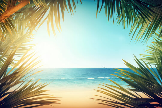Summer background with palm leaves, sea and beach created with AI	