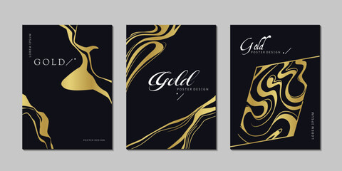 Abstract poster design of gold shades with liquid stripes. Gold curves and wavy lines on a dark black background. A4 size. Ideal for banners, flyers, invitations, covers, business cards. Vector illust