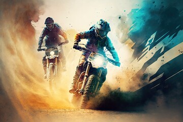 Wall Mural - racing double exposure bike racing on dirt track with offroad vehicles, created with generative ai