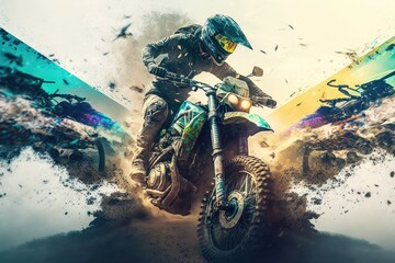 Poster - racing double exposure bike racing on dirt track with offroad vehicles, created with generative ai