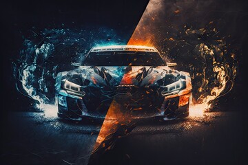 Poster - race car rally concept with sparks and speed racing double exposure, created with generative ai