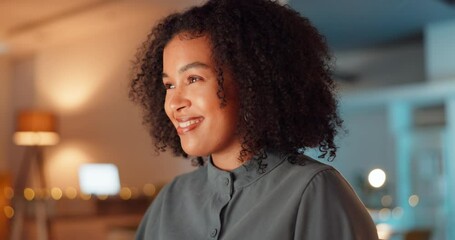 Night, computer and happy woman typing on keyboard for online, internet update and website copywriting. Young, biracial person working on desktop PC for digital blog or tech job in workplace bokeh