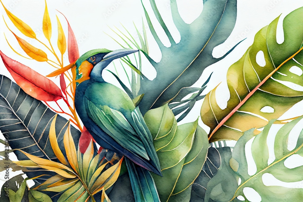 Watercolor Illustration of a Tropical Leaves With Bird Of Paradise ...