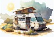 Watercolor Illustration of a Van Dwelling A NonDescript White Van Converted To A Sustainable Small Home On Wheels. Makeshift Rv With Solar Panels To Keep The Stylish Interior Powered By. Generative AI