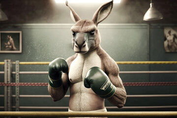 A kangaroo wearing boxing gloves in a boxing ring - Generative AI