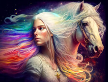 A Young Beautiful Woman With Long White Hair Next To A White Horse Created With Generative AI Technology.