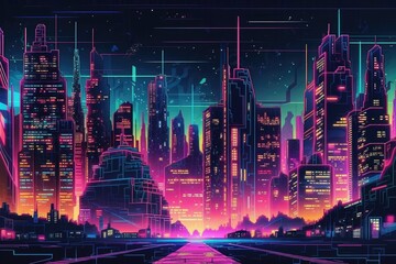 Sticker - futuristic city at night. Cityscape with a vibrant backdrop and sparkling neon lights. front viewpoint image of a large city. Illustration in the retro wave and cyberpunk styles. Generative AI