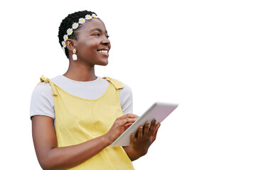Tablet, social media and black woman thinking of an online idea while isolated on a transparent png background. Tech of happy girl streaming video or browsing and search for an app subscription