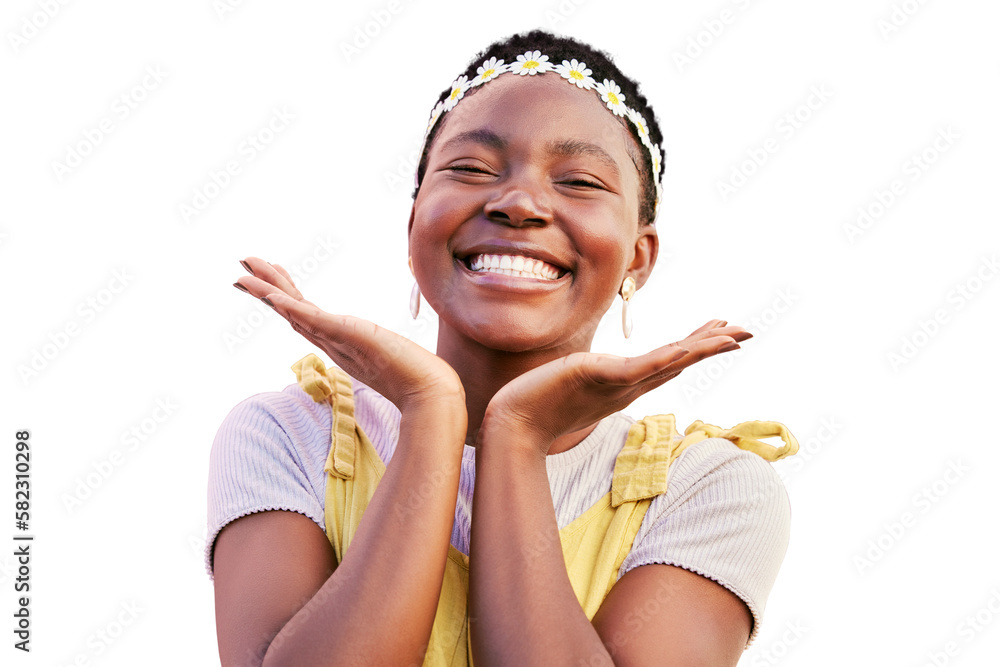 Black woman, flower crown and smile in portrait isolated on a ...