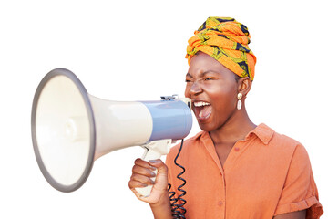 Megaphone, black woman or African protest with voice for justice and freedom of speech or gender equality, isolated on a transparent png background. Vote, shout and politics, angry for change