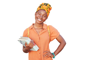 Wall Mural - Student, books and portrait of black woman isolated on transparent png background ready for education and learning at school. African girl start at college, university or academy for youth in Nigeria