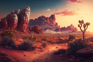 Poster - beautiful desert scenery and red rock formations against backdrop of sunset sky, created with generative ai