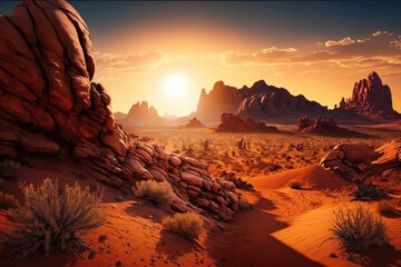 Sticker - desert landscape with sun setting in backdrop of giant red rock formations, created with generative ai