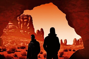 Canvas Print - silhouettes of men on red rock formations background, created with generative ai